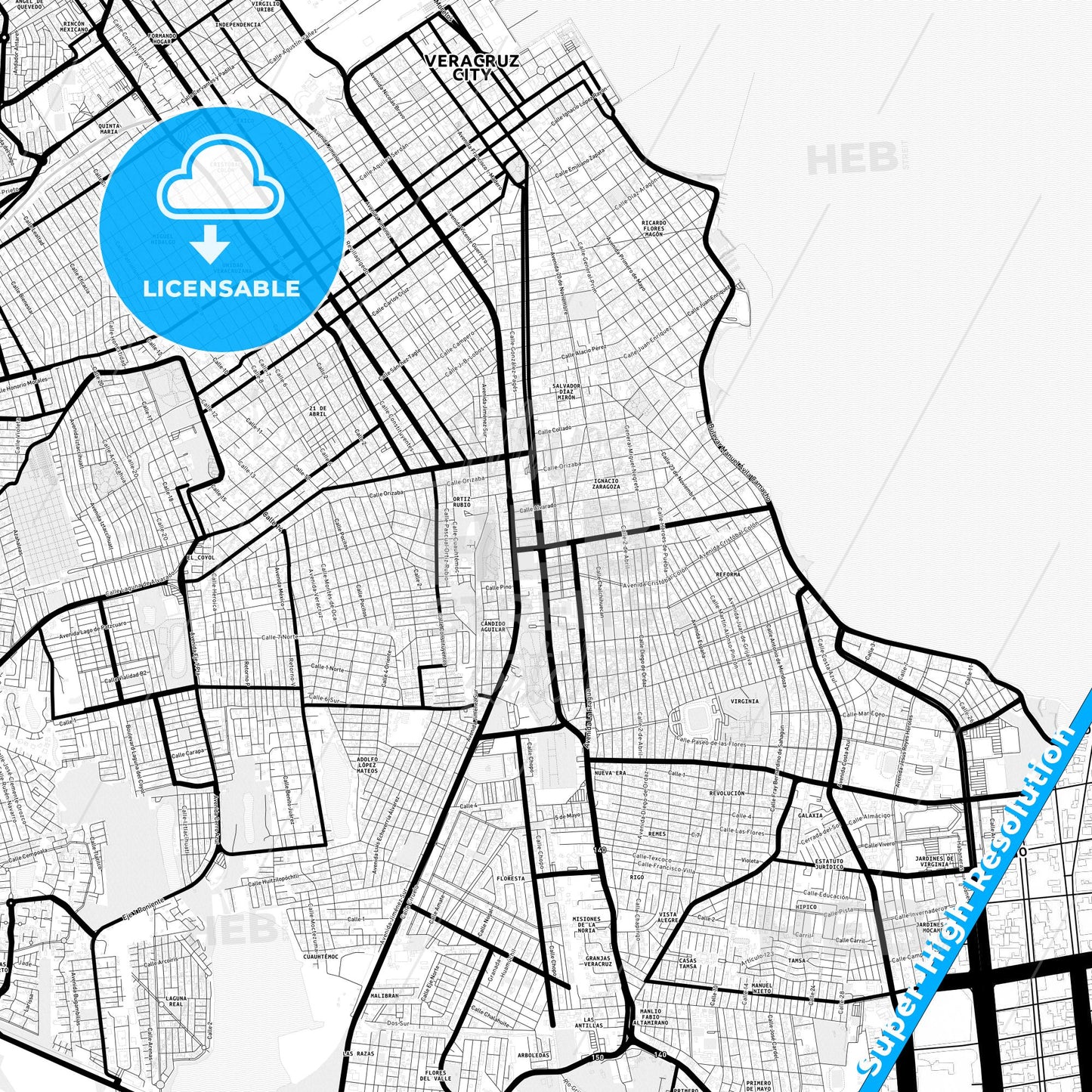 Heroica Veracruz, Mexico Light Map with Street Names, City Names, and Districts