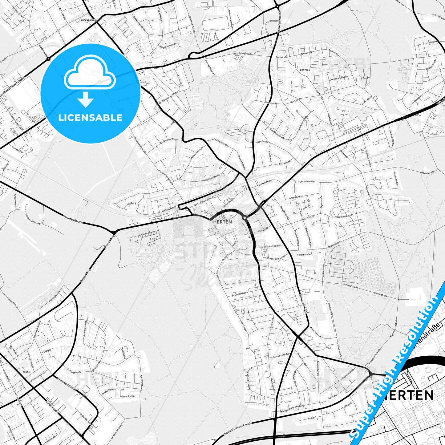 Herten, Germany Light Map with Street Names, City Names, and Districts