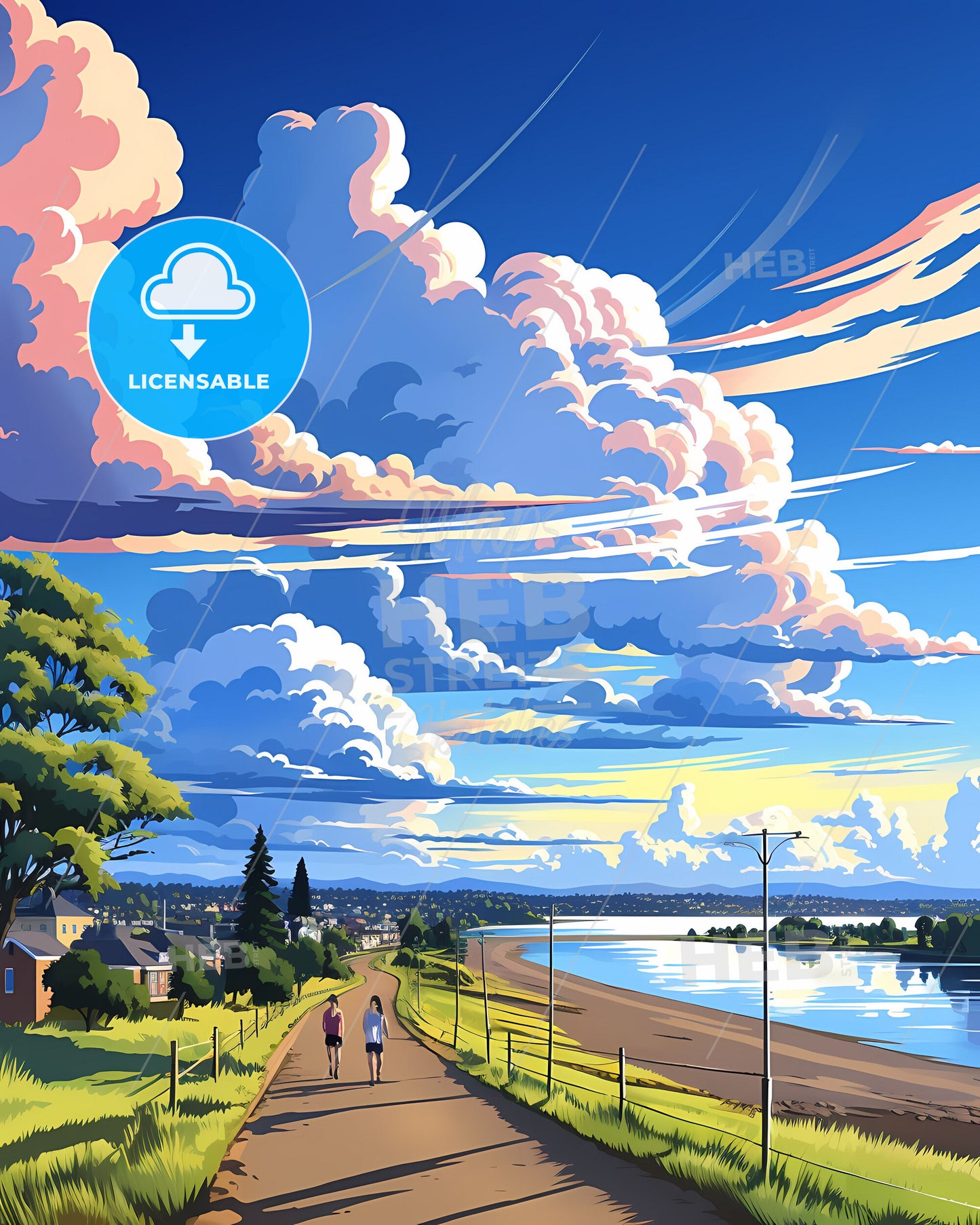 Panoramic Australian Hervey Bay Sky Blue Waterscape Painting Walking People