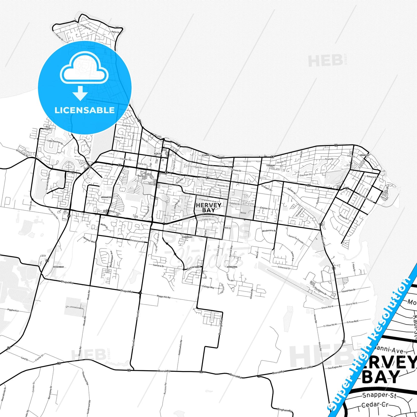 Hervey Bay, Australia Light Map with Street Names, City Names, and Districts