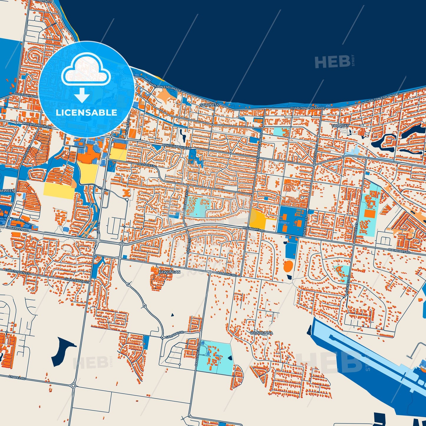 Colorful Hervey Bay Street Map with Labels and Buildings