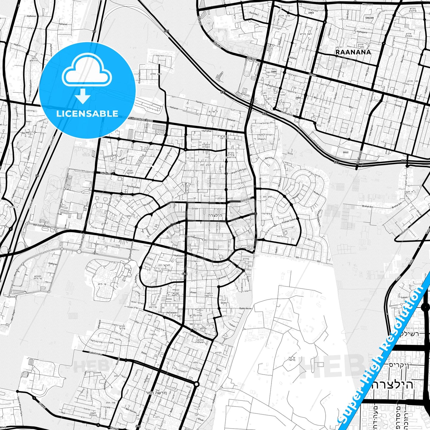 Herzliya, Israel Light Map with Street Names, City Names, and Districts