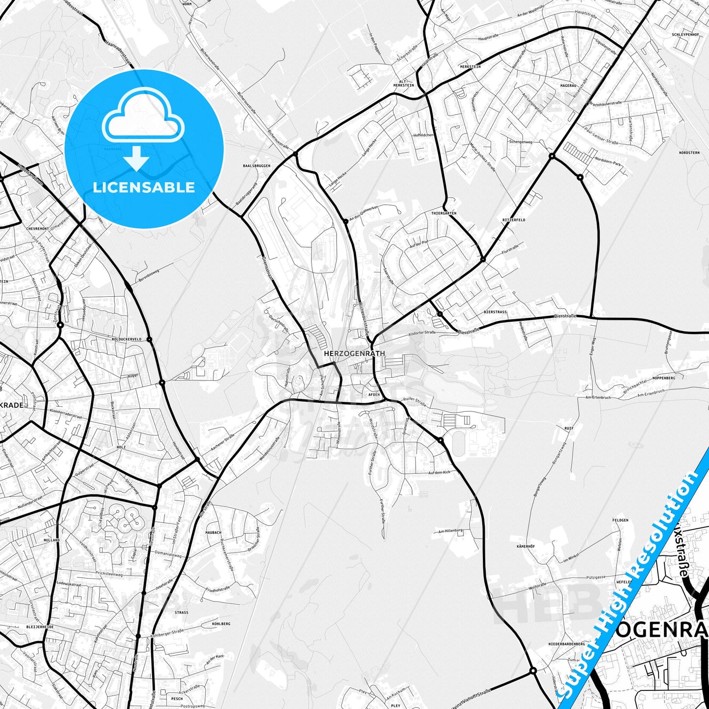 Herzogenrath, Germany Light Map with Street Names, City Names, and Districts