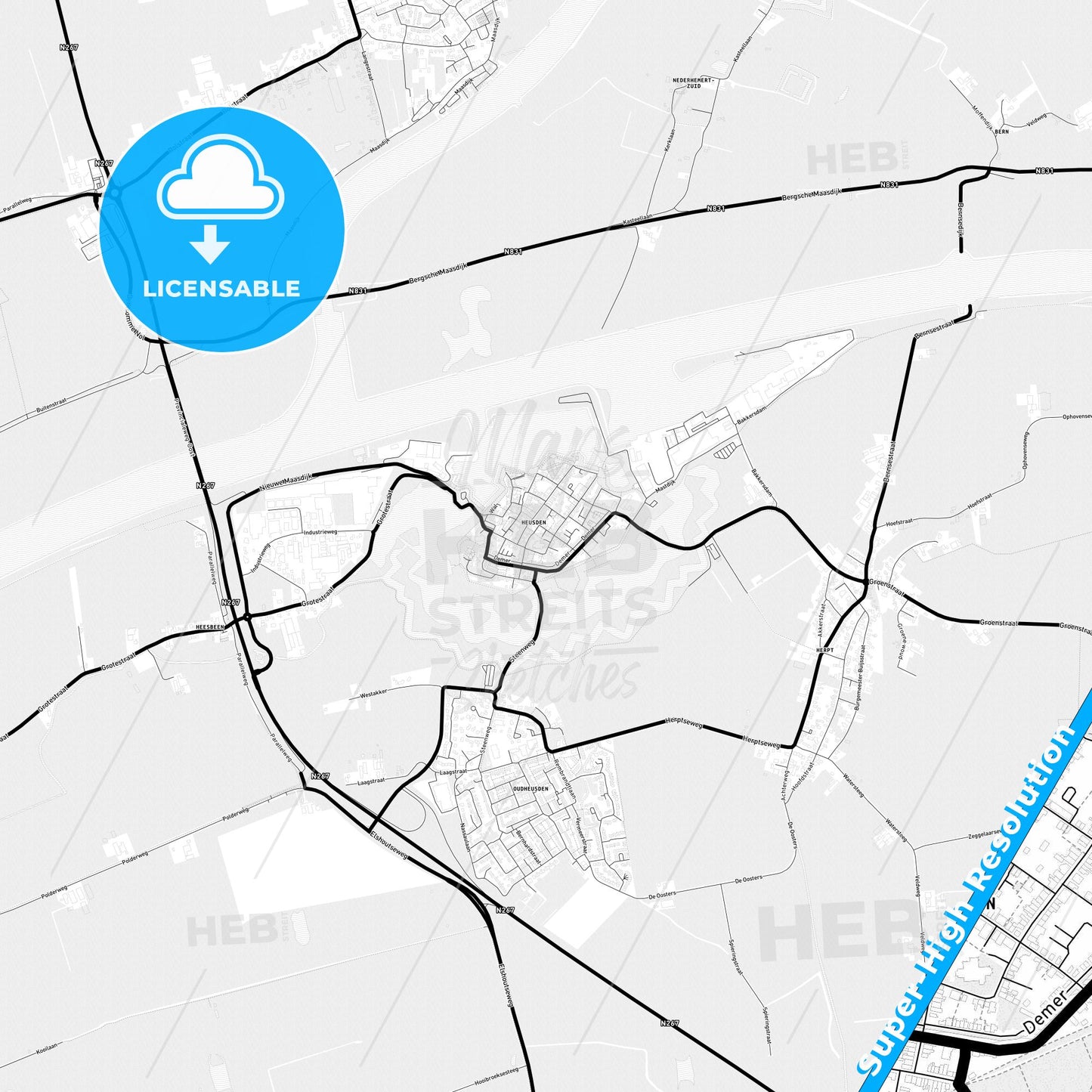 Heusden, Netherlands Light Map with Street Names, City Names, and Districts