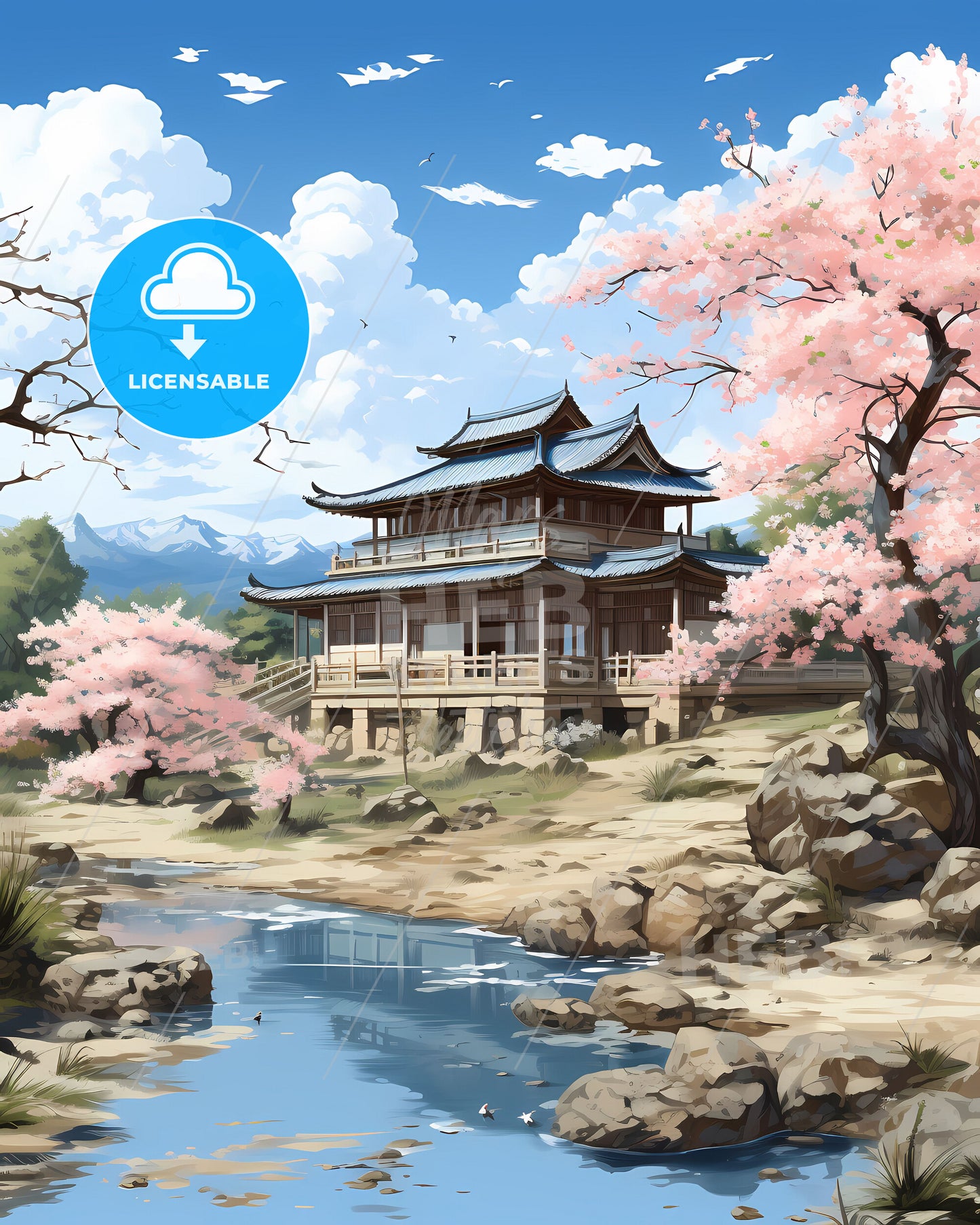 Heze China Green Landscape Art Painting Skyline Pond Trees Buildings Highrises