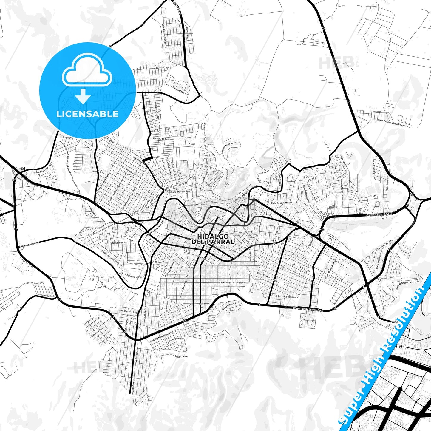 Hidalgo del Parral, Mexico Light Map with Street Names, City Names, and Districts