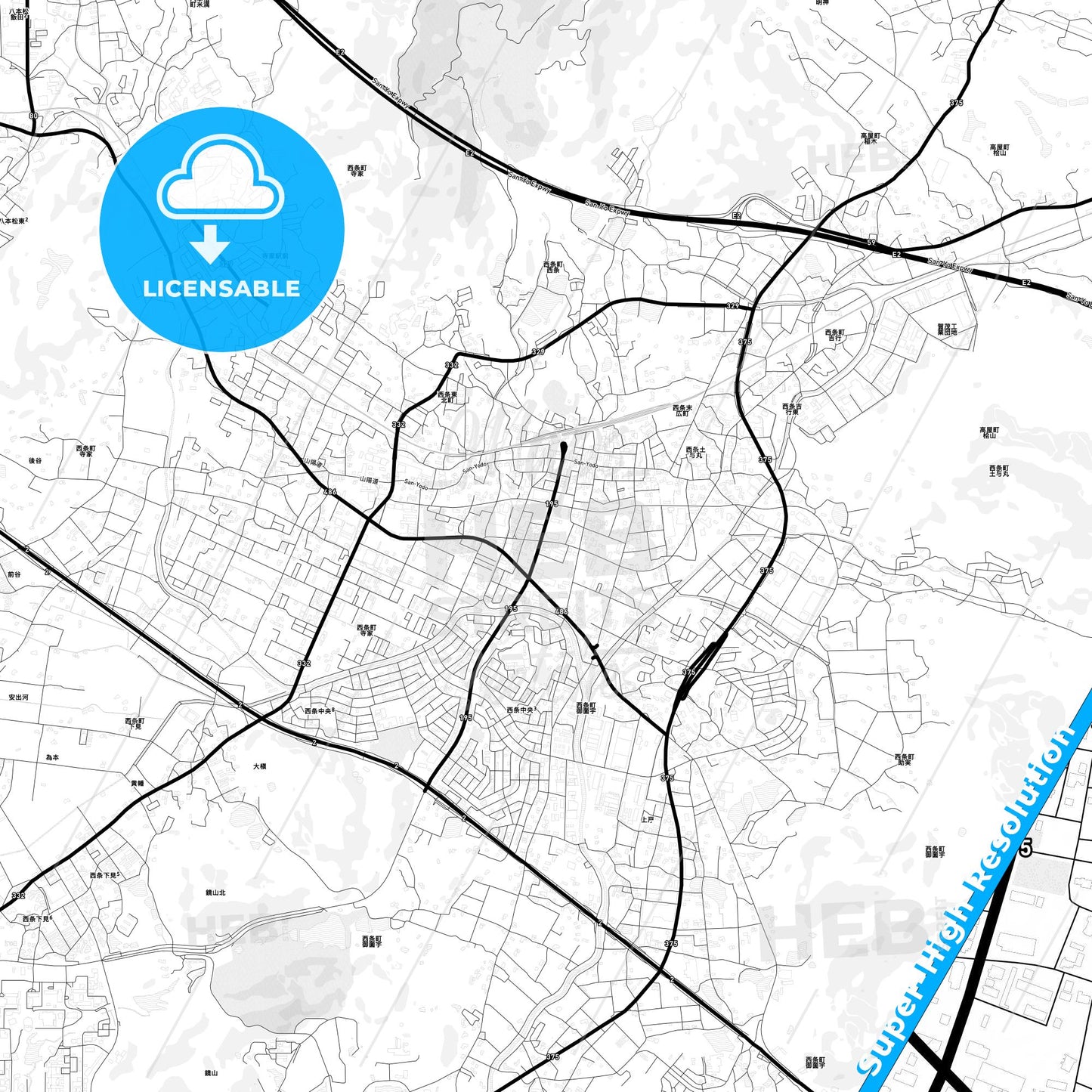 Higashihiroshima, Japan Light Map with Street Names, City Names, and Districts