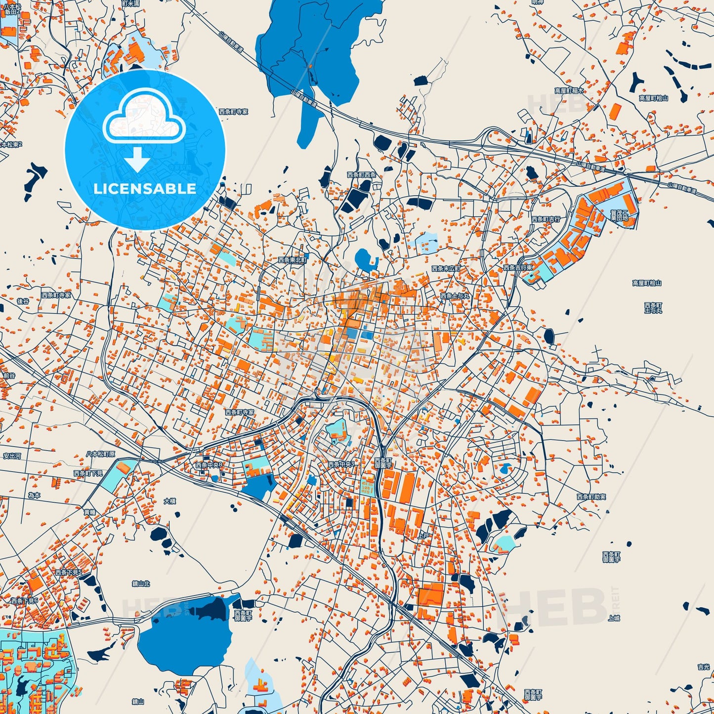 Colorful Higashihiroshima Street Map with Labels and Buildings