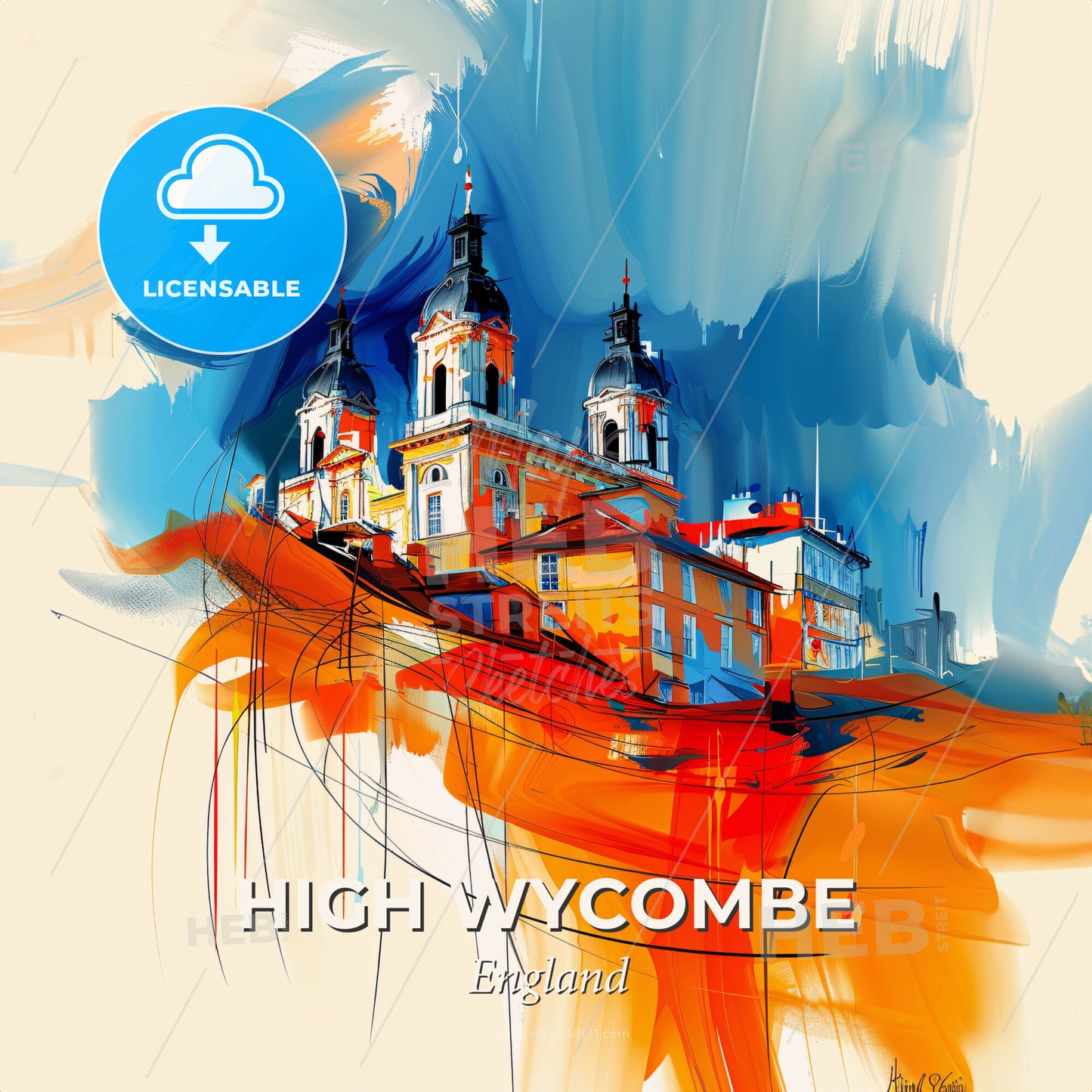 Vibrant High Wycombe, England - A Painting Of A Building With A Colorful Background - Square format print template