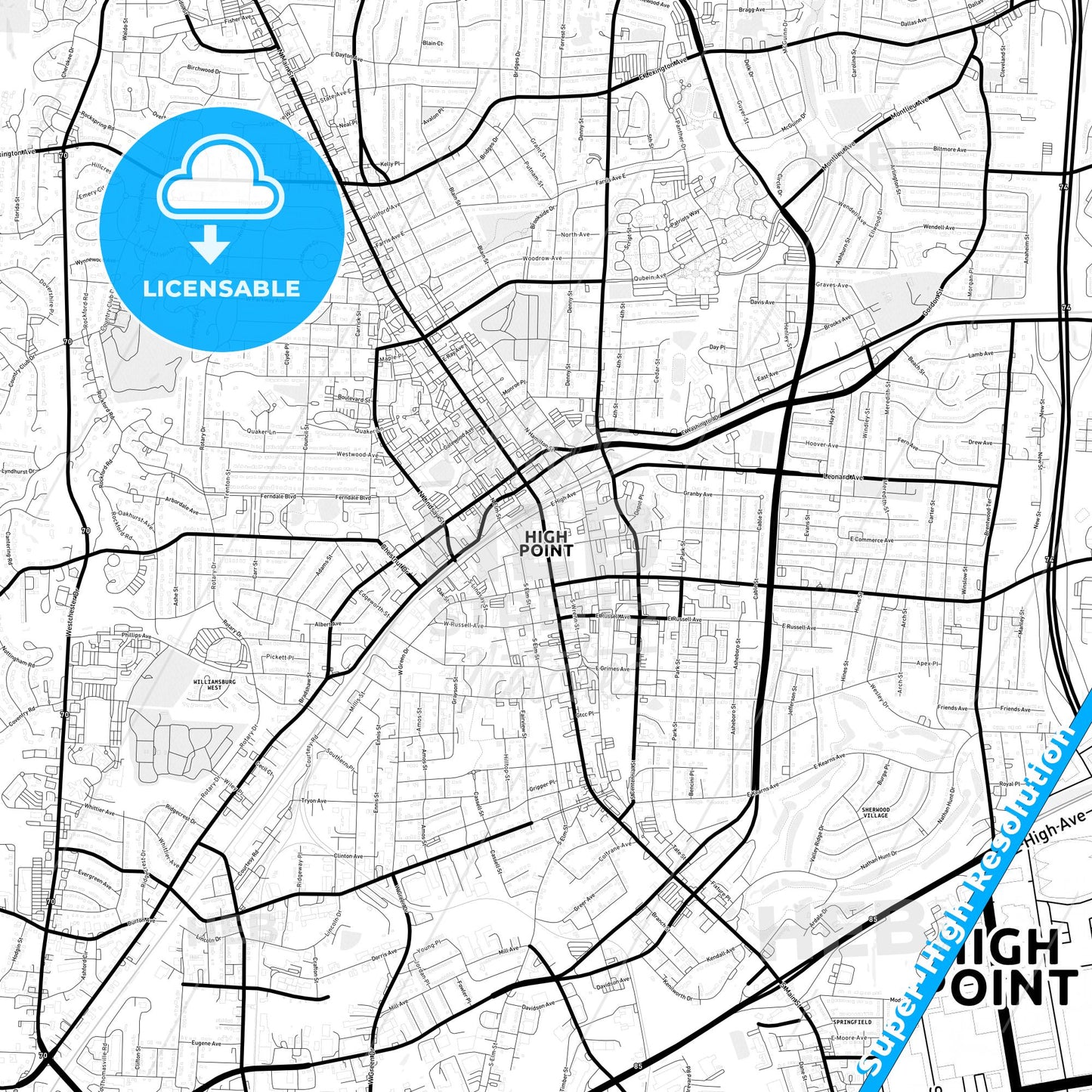 High Point, North Carolina Light Map with Street Names, City Names, and Districts