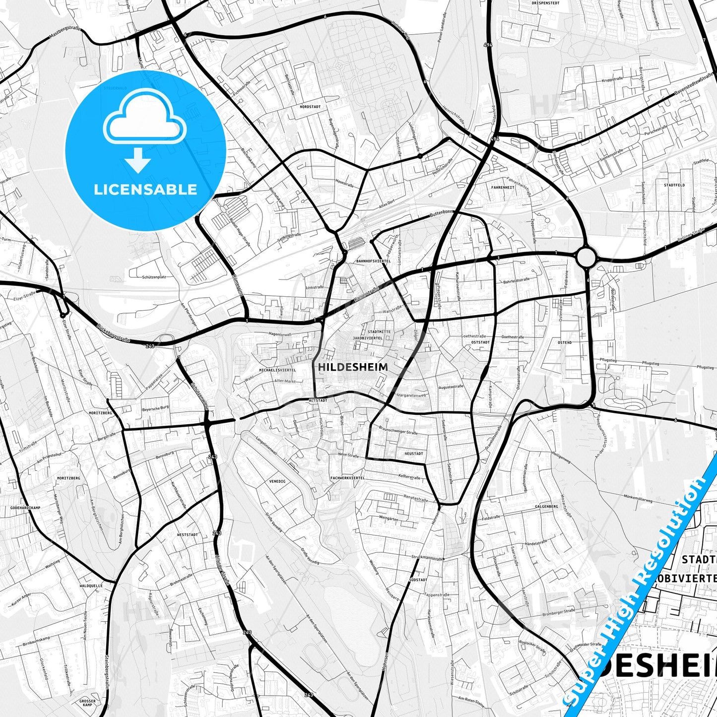 Hildesheim, Germany Light Map with Street Names, City Names, and Districts