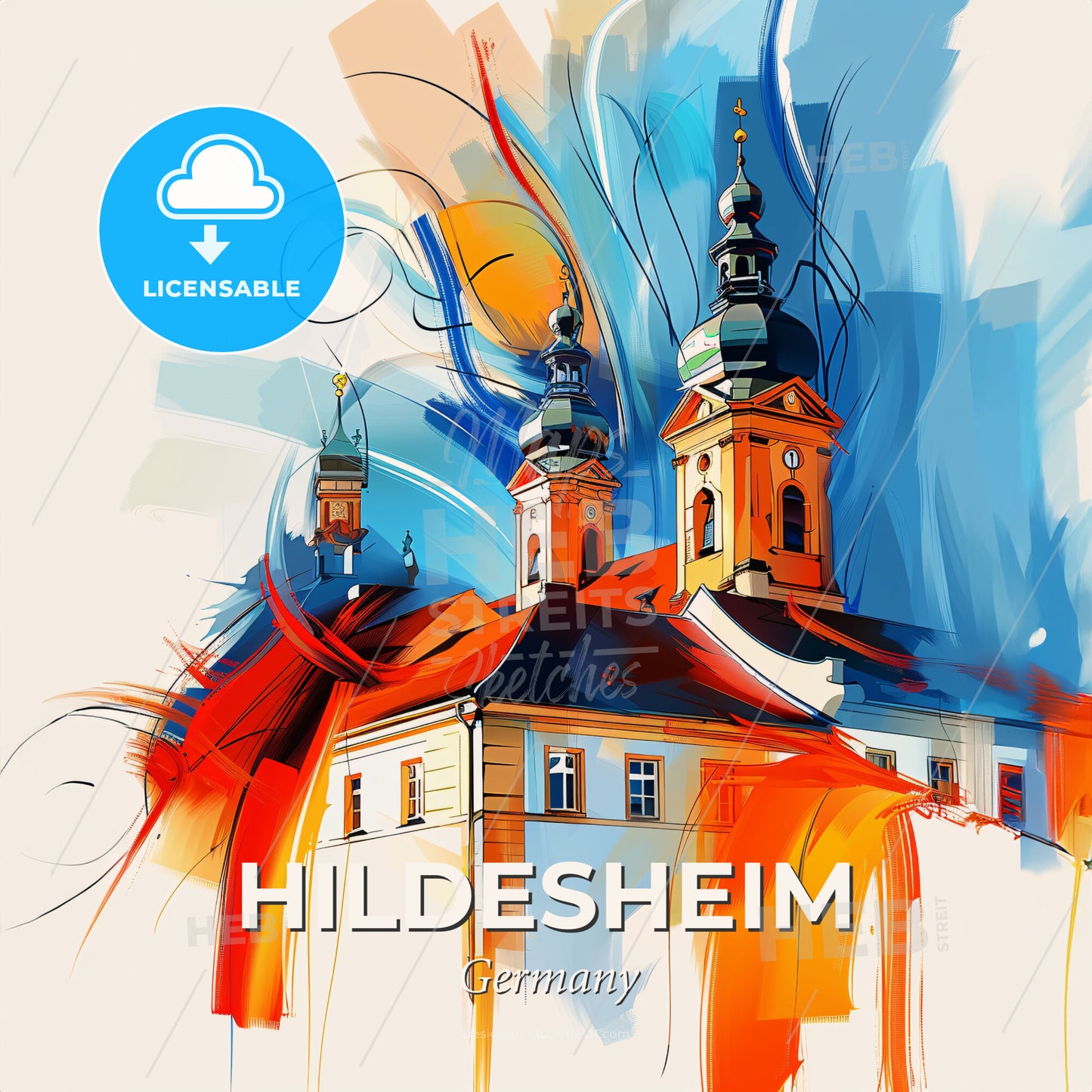 Vibrant Hildesheim, Germany - A Painting Of A Building With Towers - Square format print template