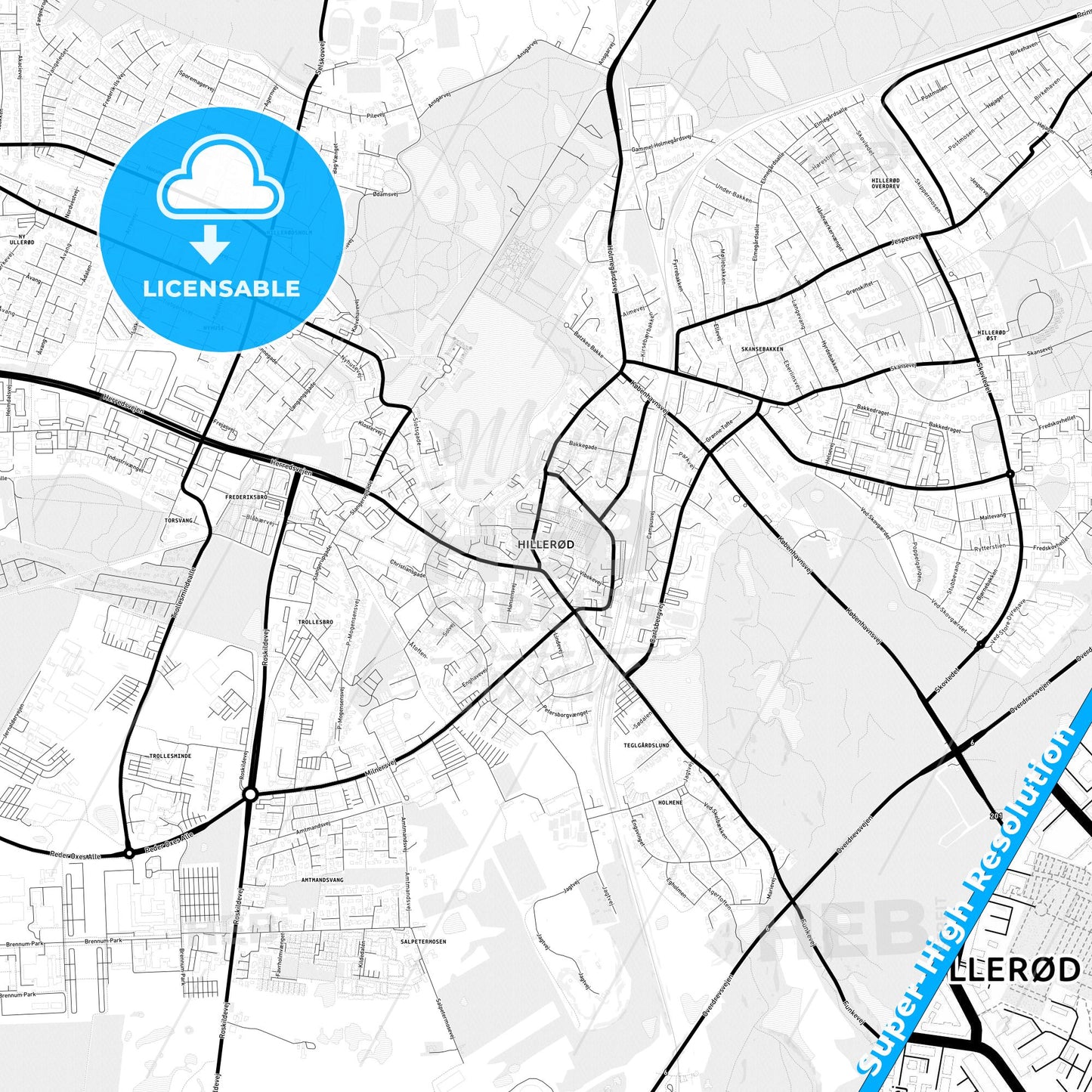 Hillerød, Denmark Light Map with Street Names, City Names, and Districts