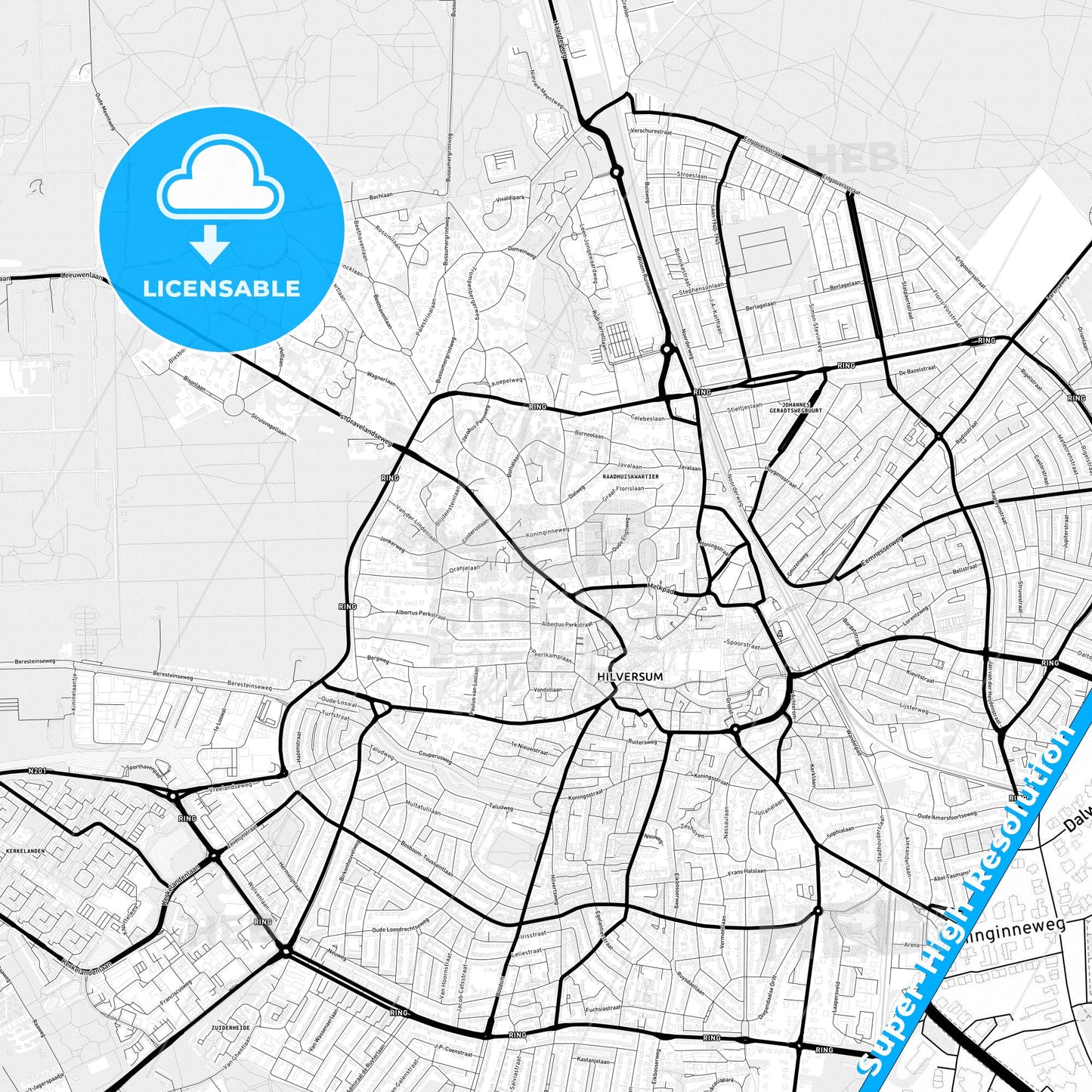 Hilversum, Netherlands Light Map with Street Names, City Names, and Districts