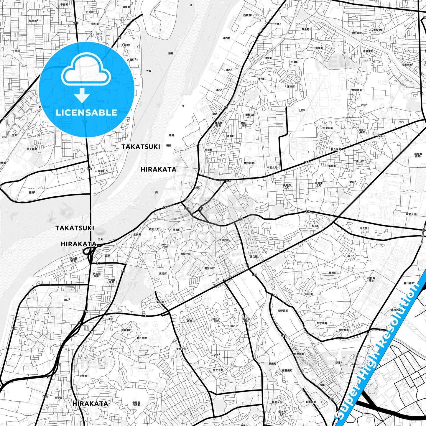 Hirakata, Japan Light Map with Street Names, City Names, and Districts