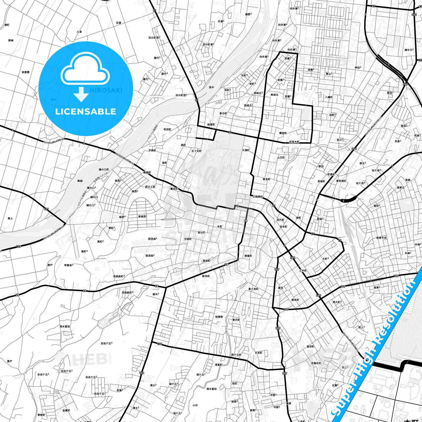 Hirosaki, Japan Light Map with Street Names, City Names, and Districts