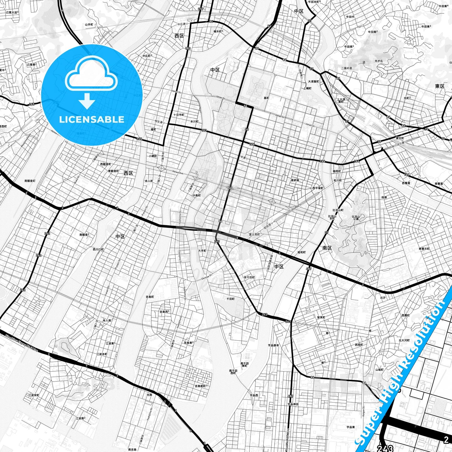 Hiroshima, Japan Light Map with Street Names, City Names, and Districts