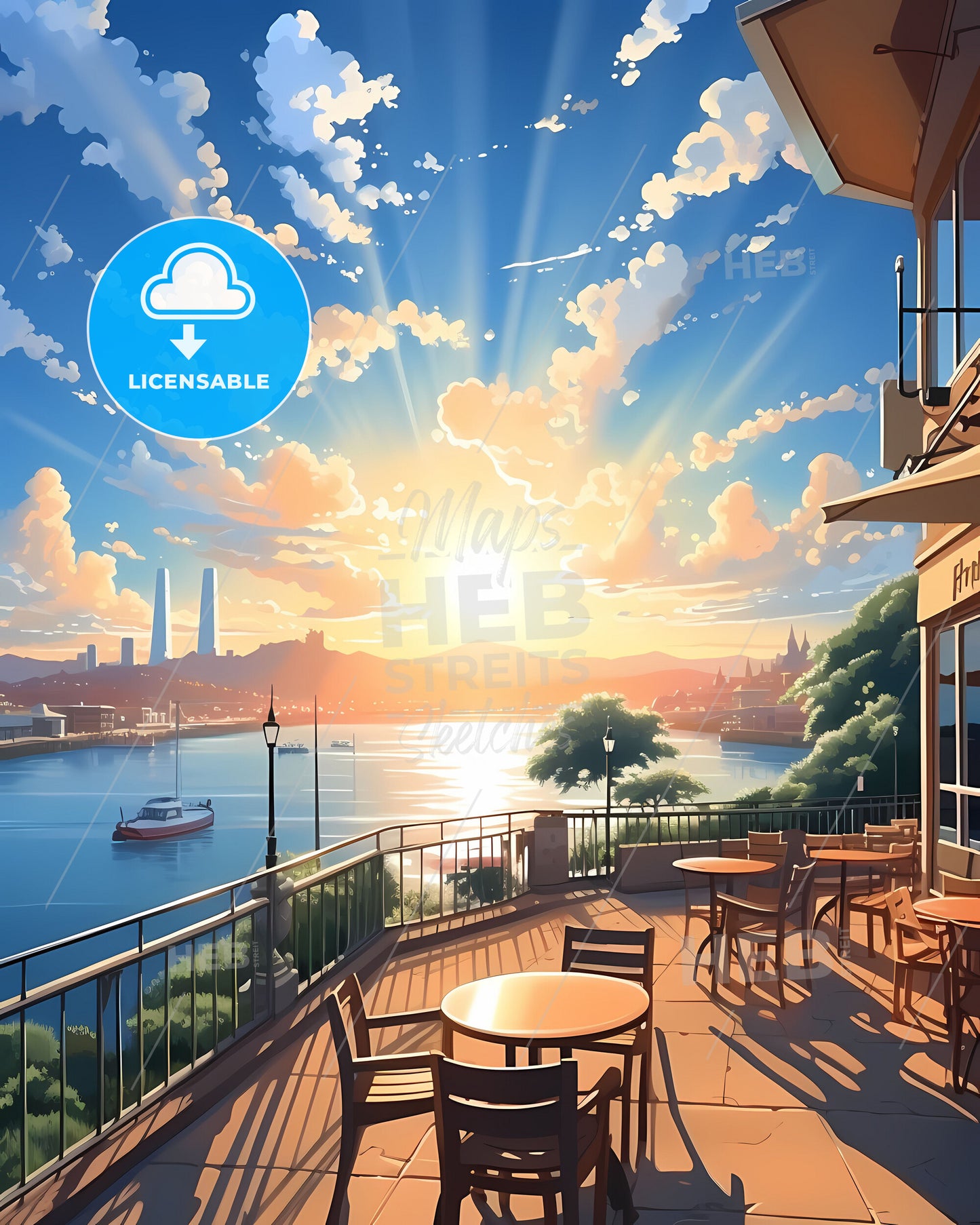 Hiroshima Japan Skyline Colorful Art Deck Chairs Canvas Oil Painting Waterfront Restaurant