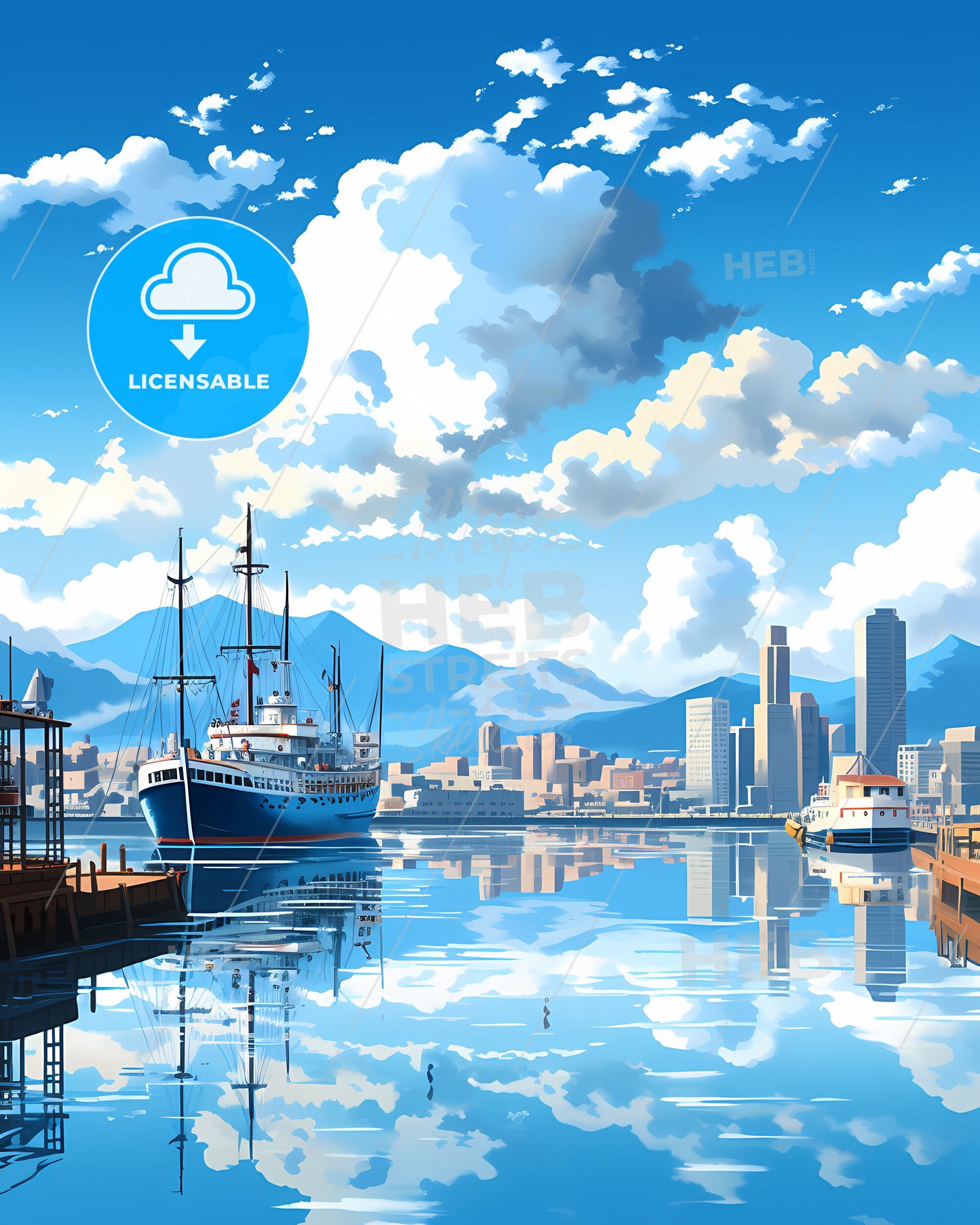 Hiroshima Japan Harbor Skyline - Vivid Artistic Painting of a Ship in a Tranquil Water