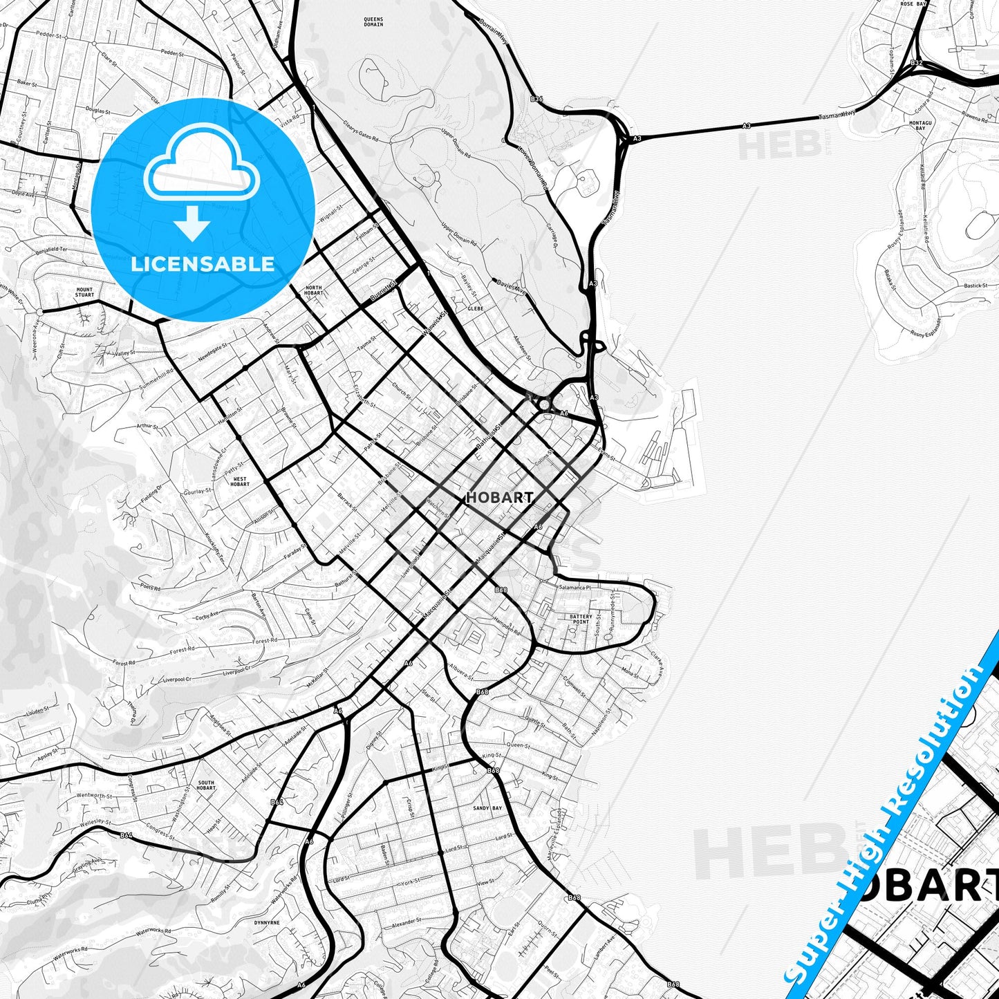 Hobart, Australia Light Map with Street Names, City Names, and Districts