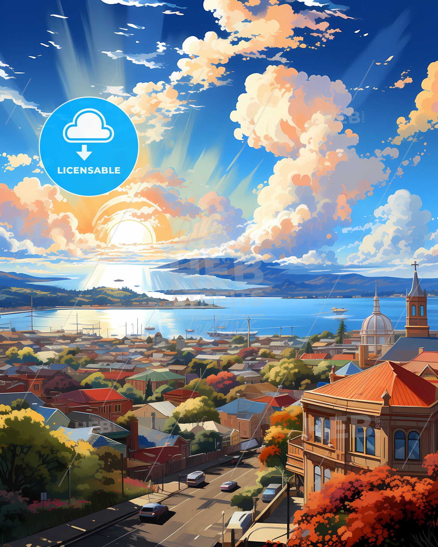 Vibrant Hobart Australia Skyline Sky Painting Art Water Sunset