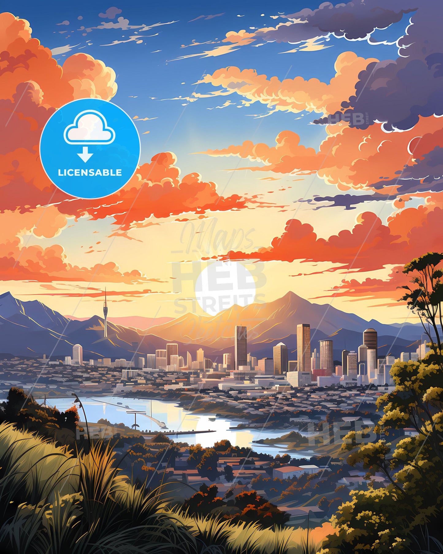 Hobart Australia Skyline Vibrant Painting City Landscape Mountains Trees Canvas Art Print