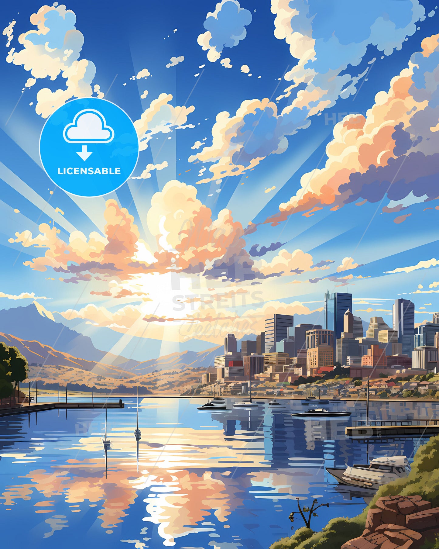 Vibrant Artistic Cityscape with Boats - Hobart Australia Skyline Painting