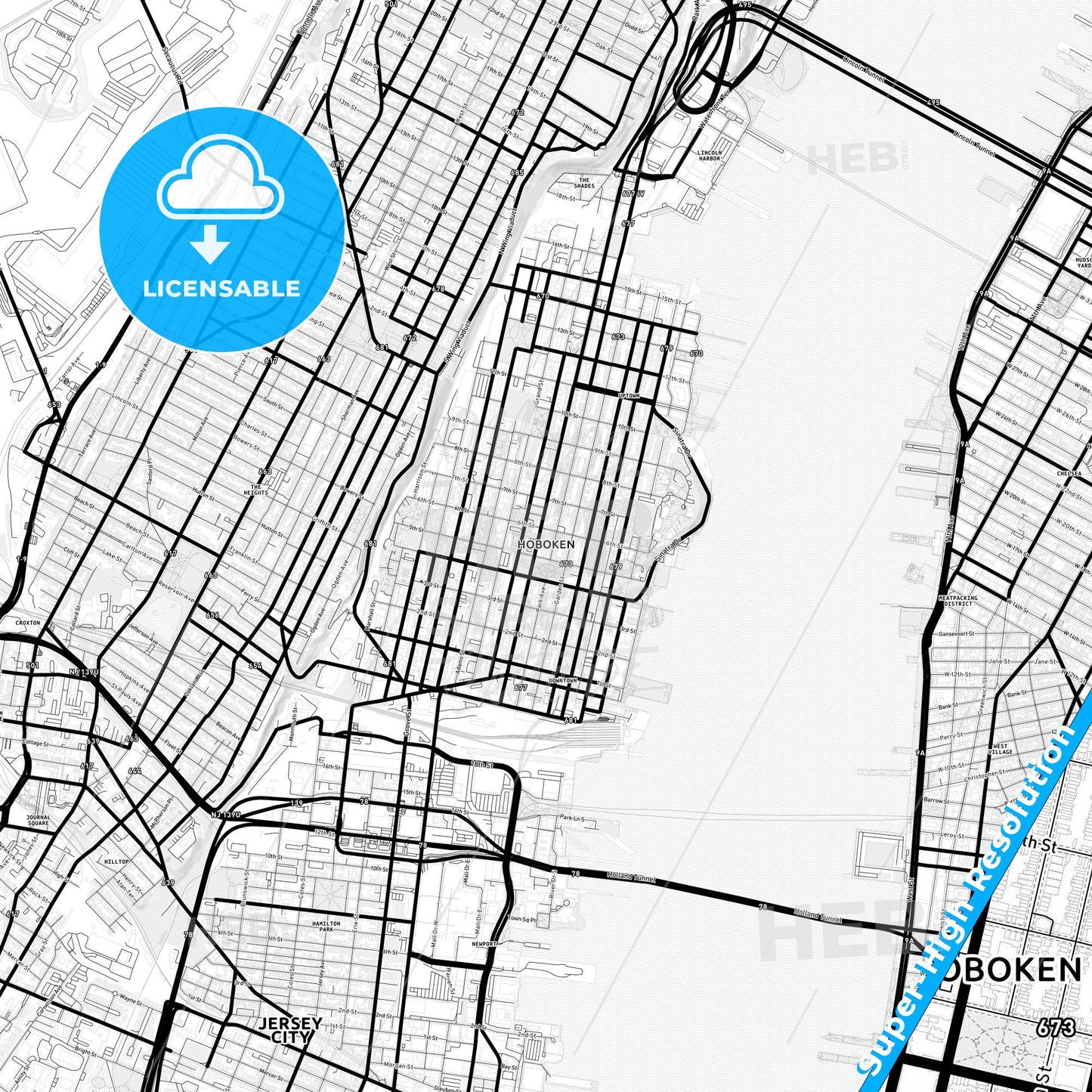 Hoboken, New Jersey Light Map with Street Names, City Names, and Districts