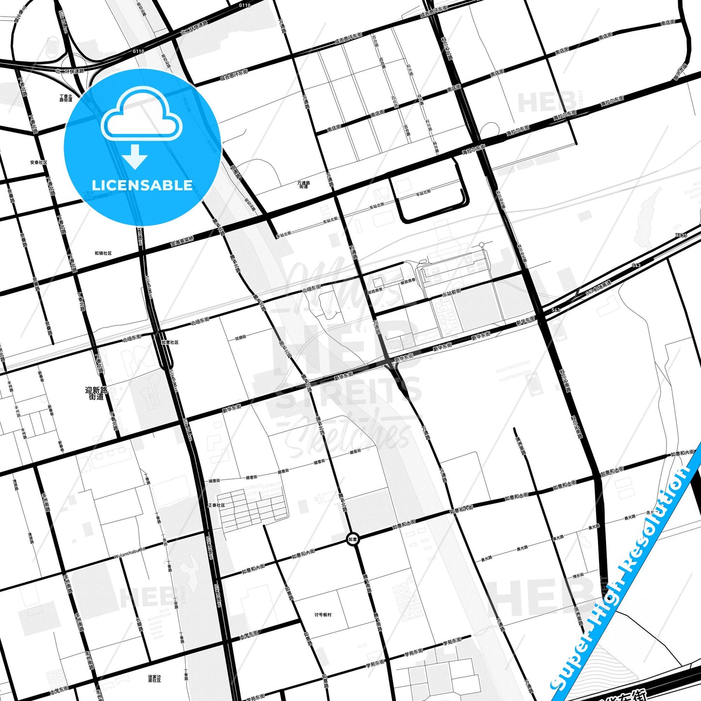 Hohhot, China Light Map with Street Names, City Names, and Districts