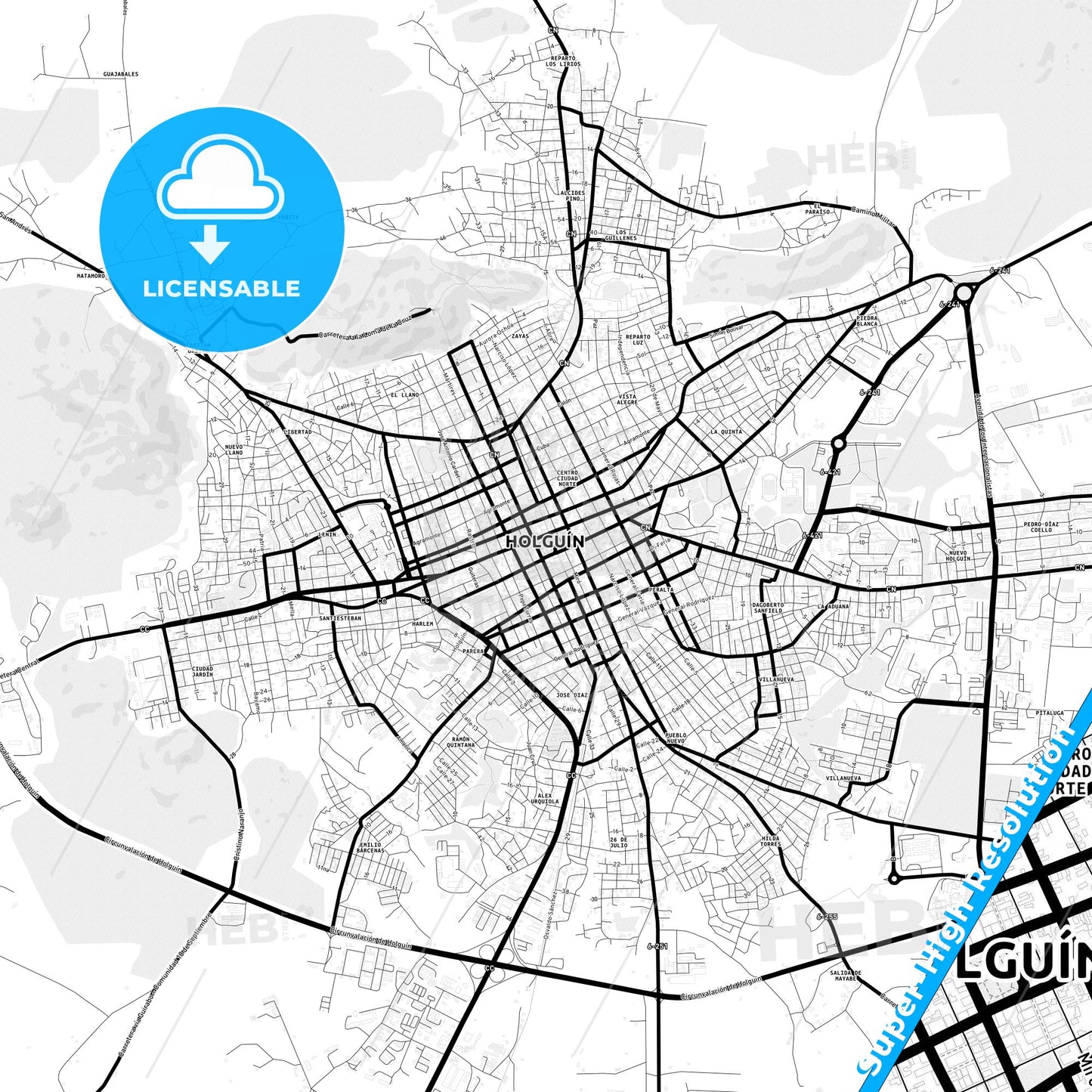Holguín, Cuba Light Map with Street Names, City Names, and Districts