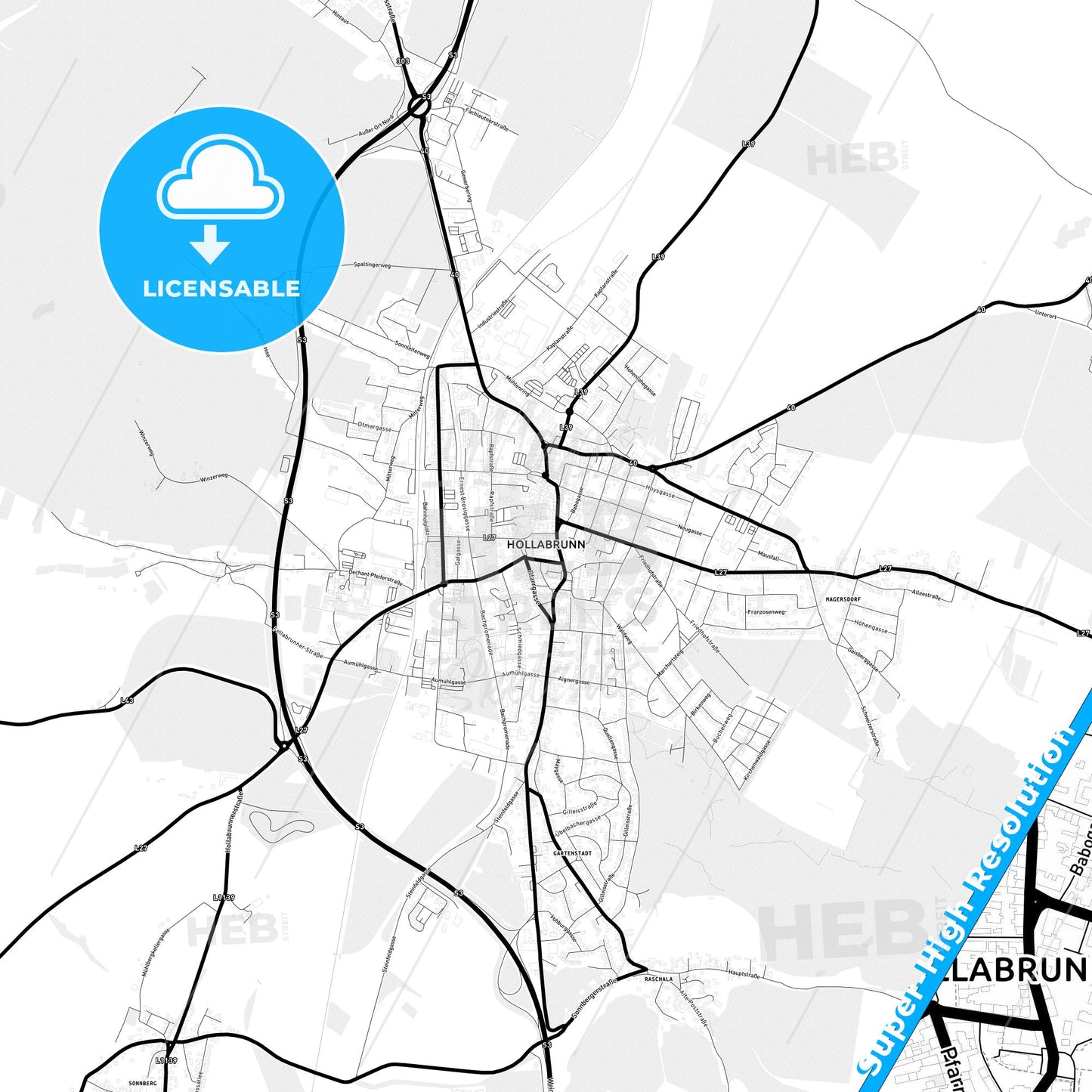 Hollabrunn, Austria Light Map with Street Names, City Names, and Districts