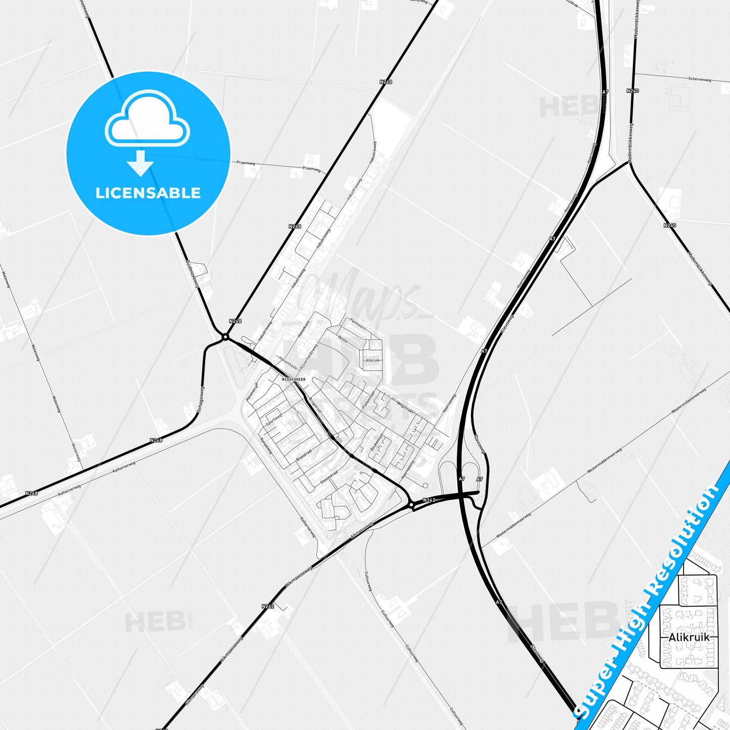 Hollands Kroon, Netherlands Light Map with Street Names, City Names, and Districts