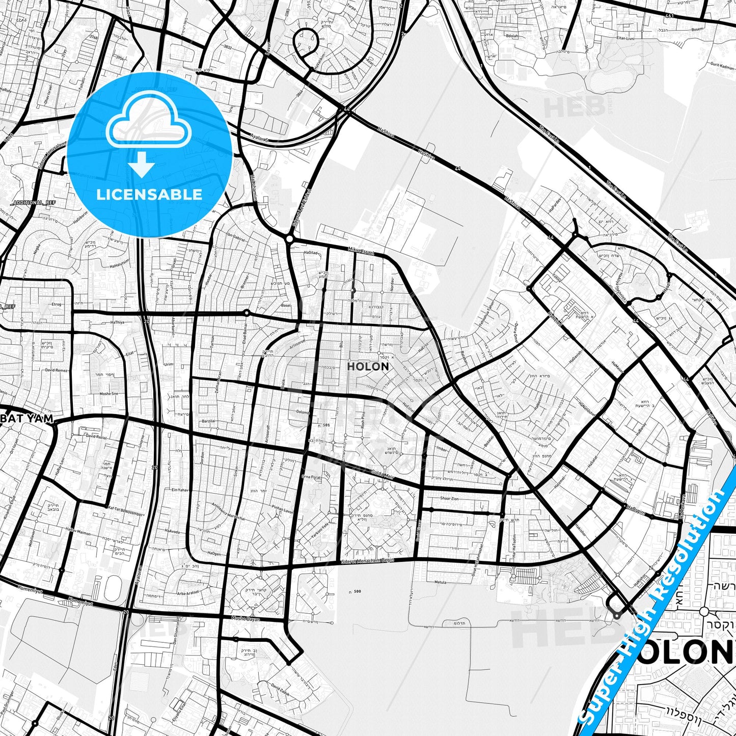 Holon, Israel Light Map with Street Names, City Names, and Districts