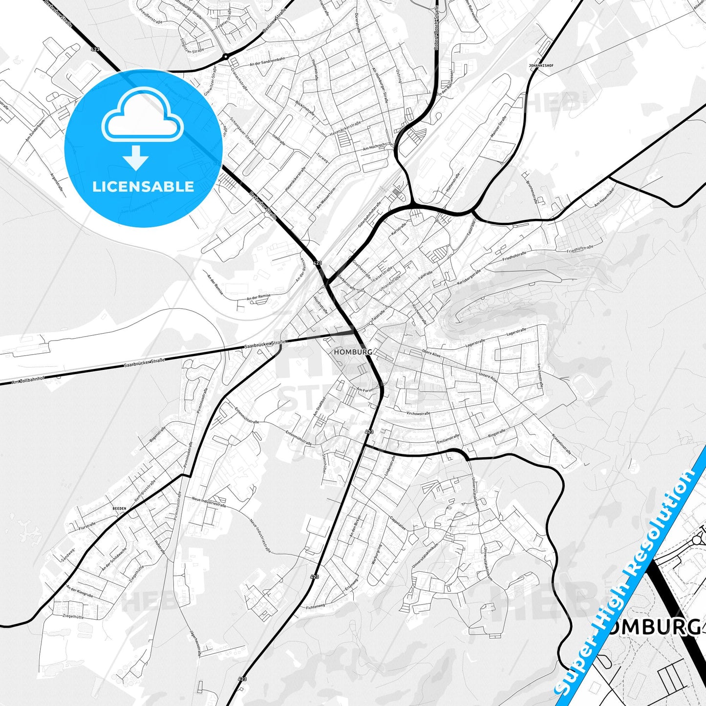 Homburg, Germany Light Map with Street Names, City Names, and Districts