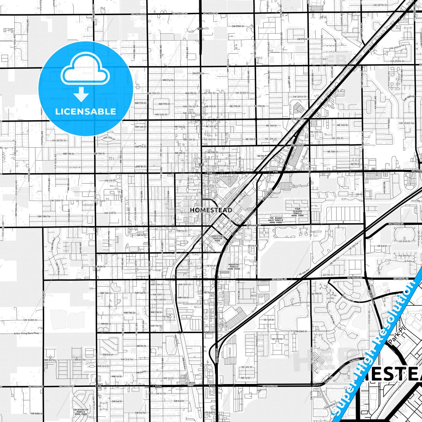 Homestead, Florida Light Map with Street Names, City Names, and Districts