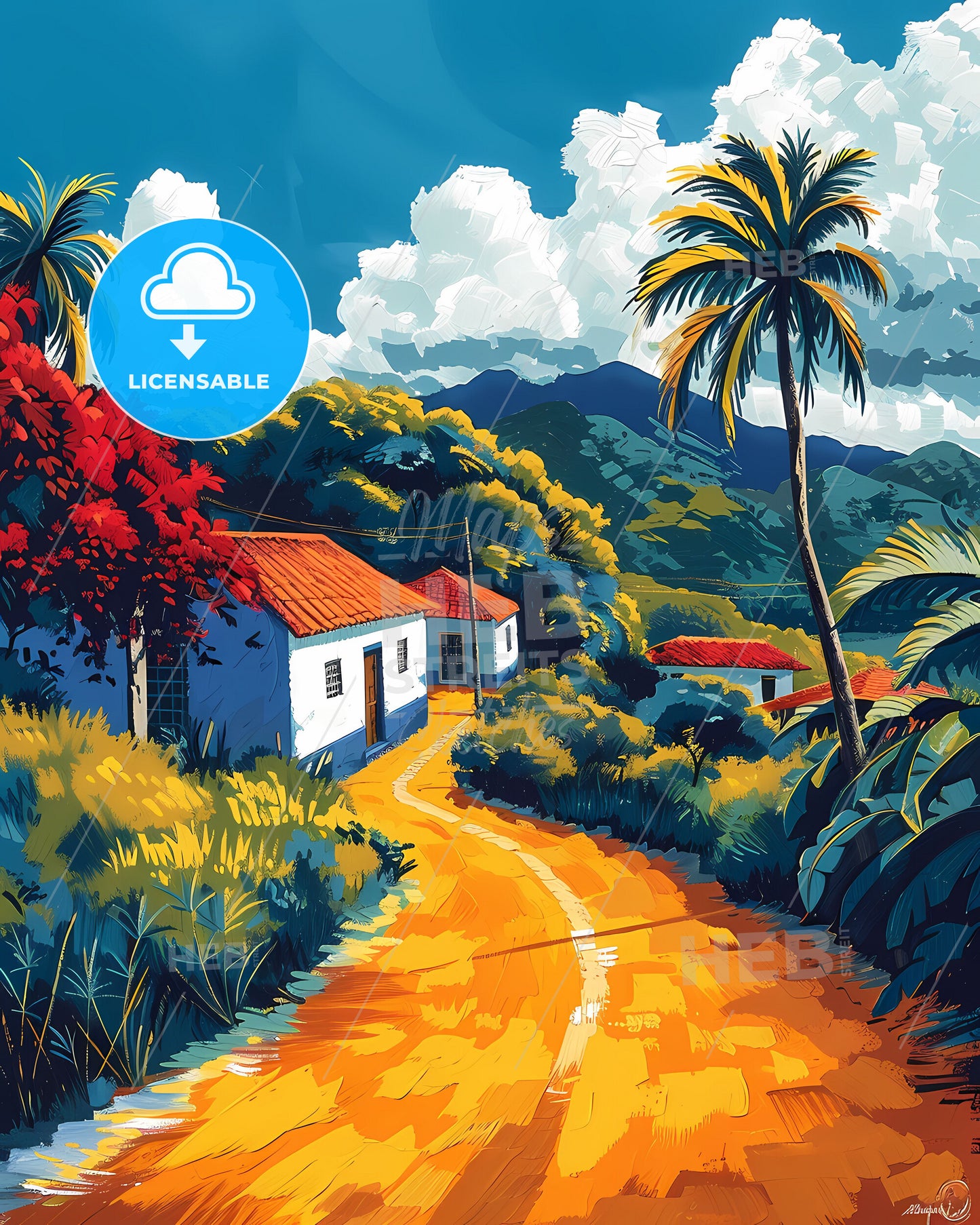 Vibrant Painting of a Road Leading to a House in Honduras, North America