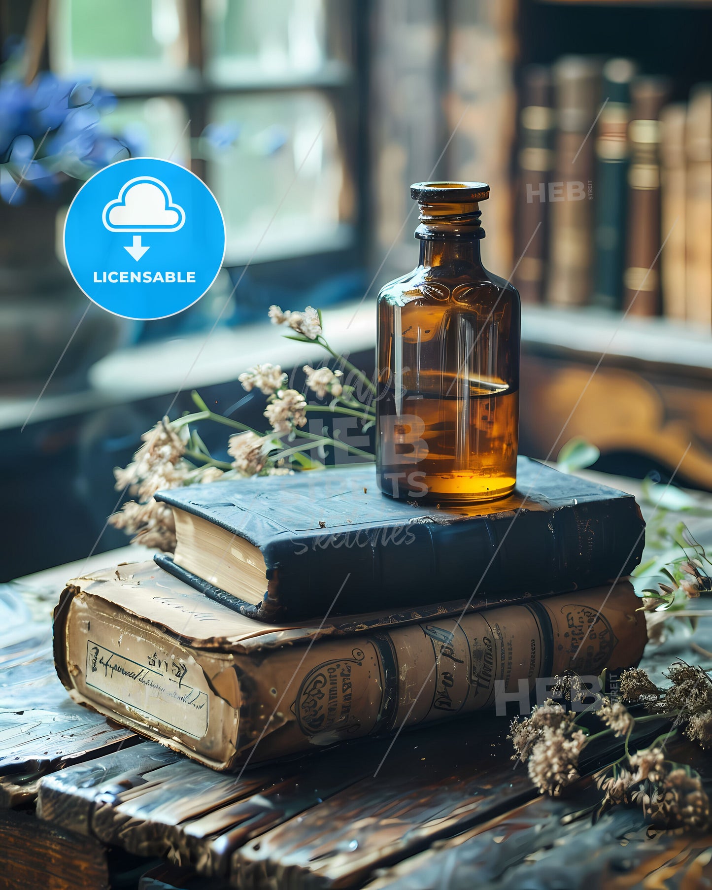 Watercolor Painting of Honey, Charcoal, and Natural Essentials on Antique Books