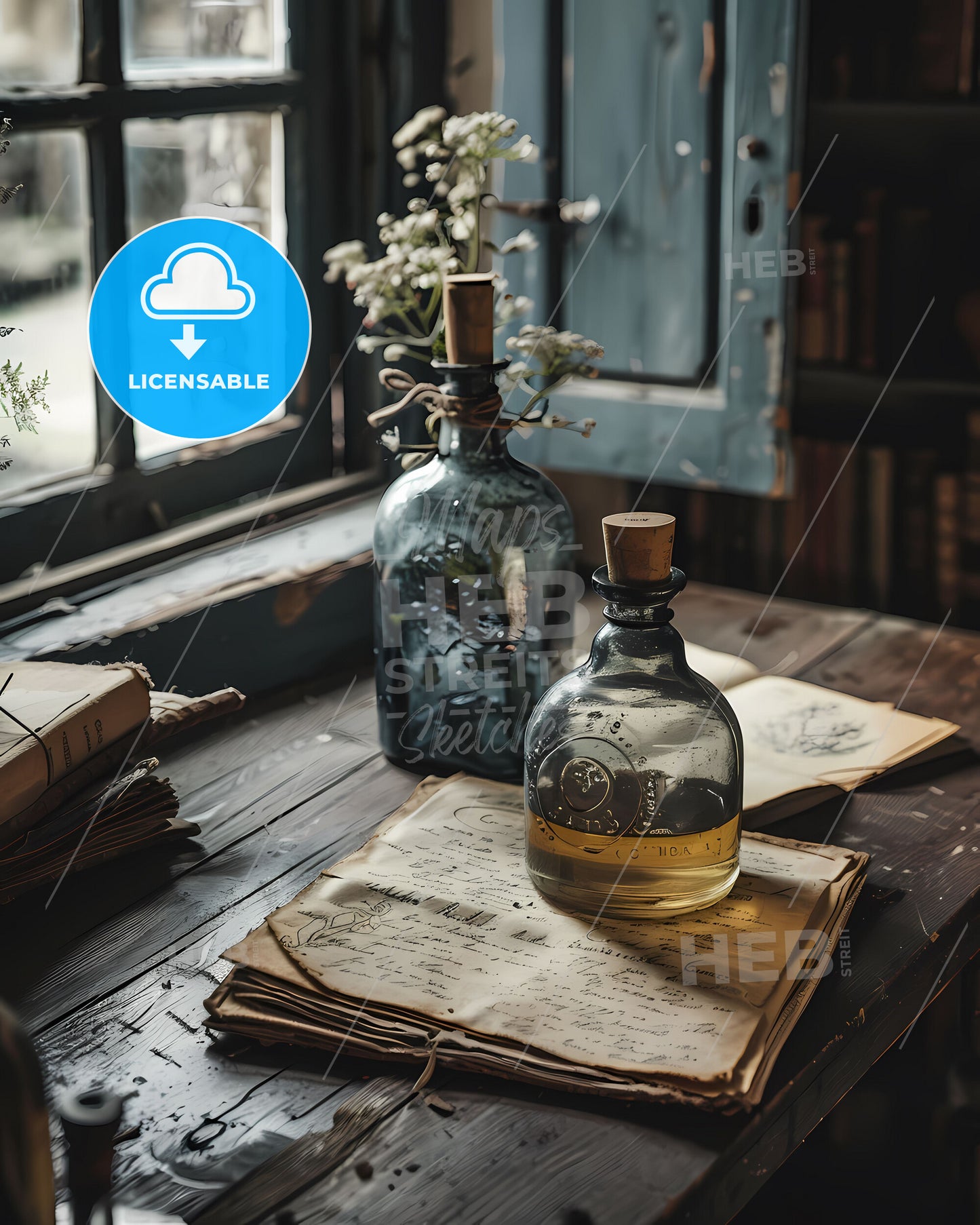 Charcoal, honey, clear bottles filled with liquids, ochre, and faded colors of ancient watercolor painting on a table