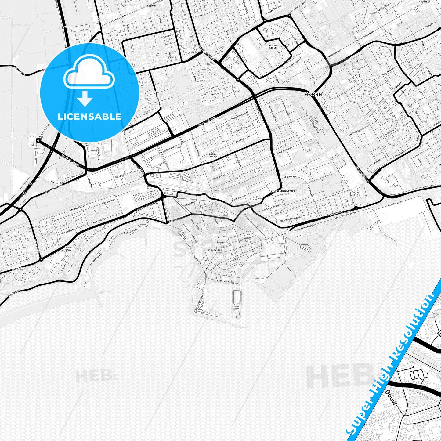 Hoorn, Netherlands Light Map with Street Names, City Names, and Districts
