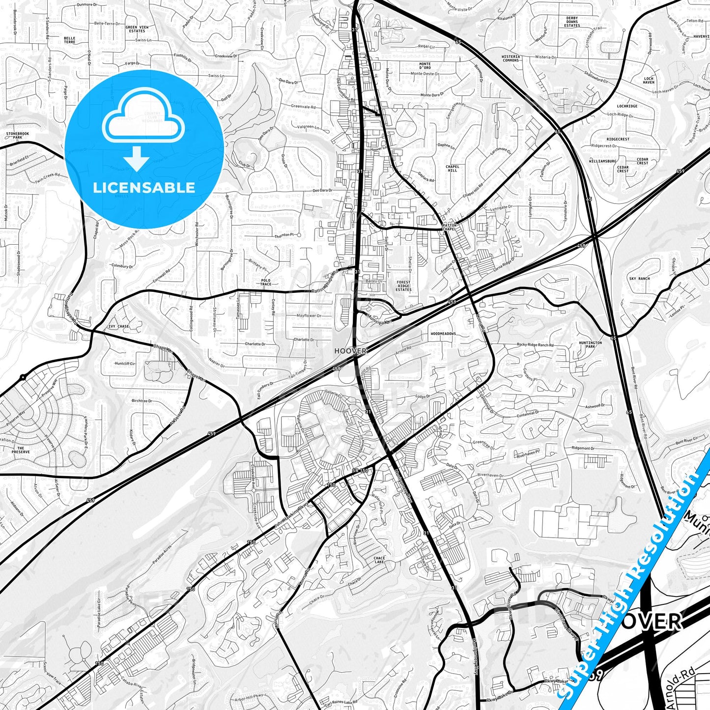 Hoover, Alabama Light Map with Street Names, City Names, and Districts