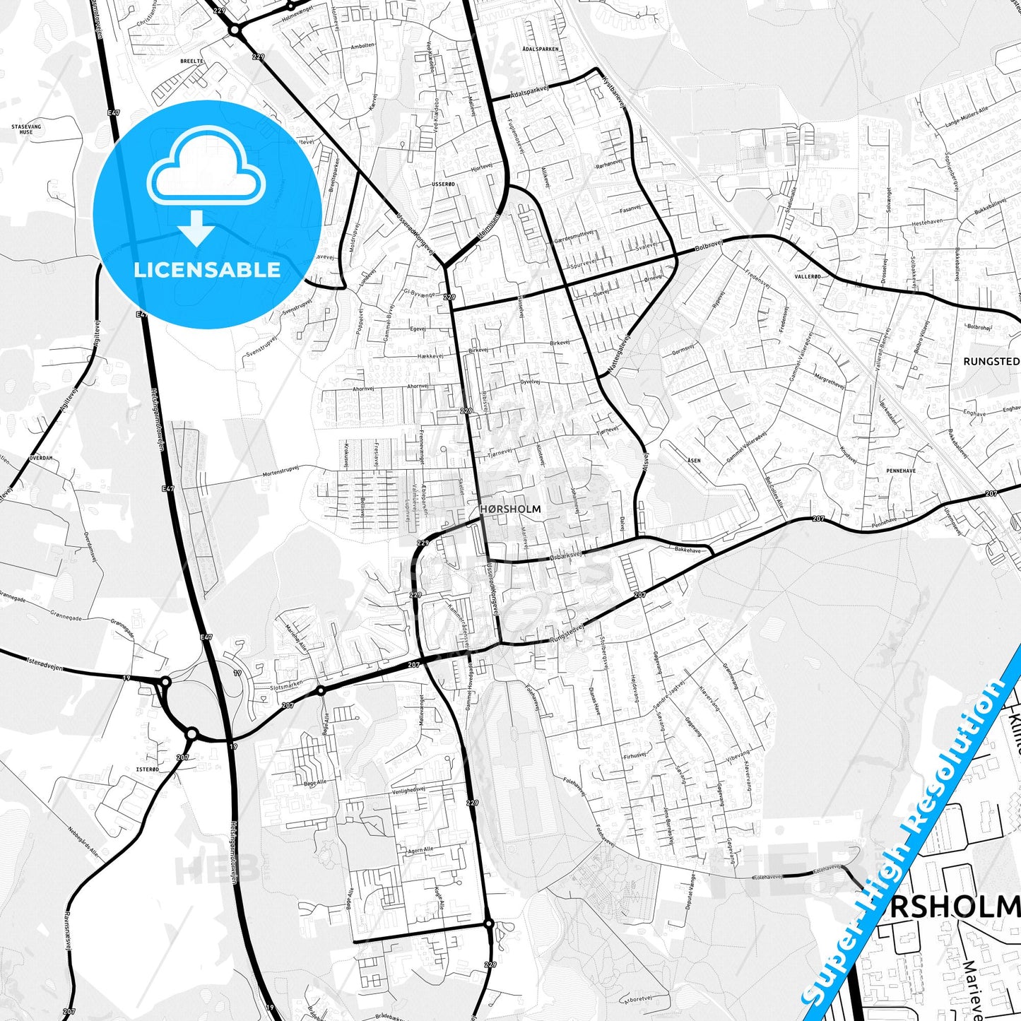 Hørsholm, Denmark Light Map with Street Names, City Names, and Districts