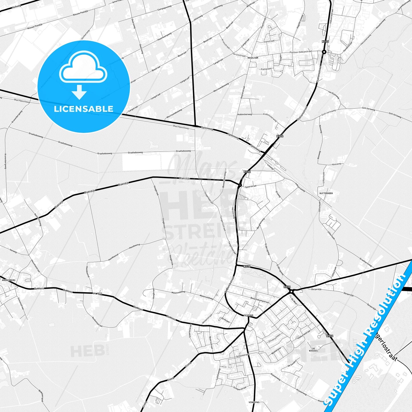 Horst aan de Maas, Netherlands Light Map with Street Names, City Names, and Districts