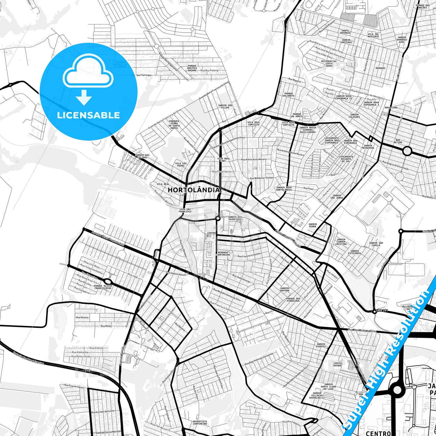Hortolandia, Brazil Light Map with Street Names, City Names, and Districts