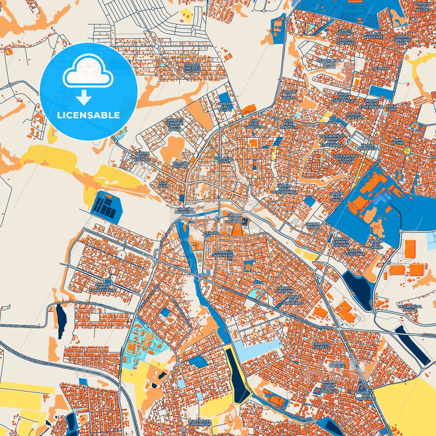 Colorful Hortolandia Street Map with Labels and Buildings