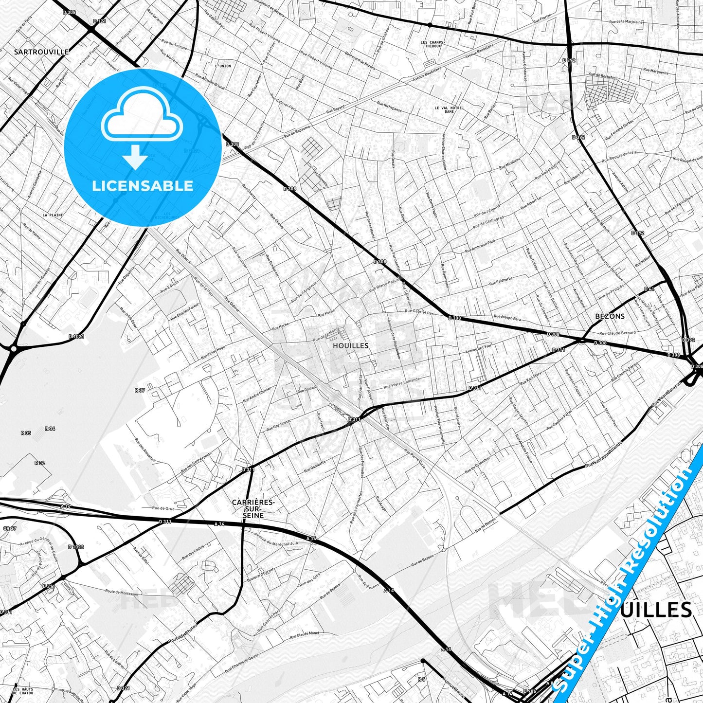 Houilles, France Light Map with Street Names, City Names, and Districts