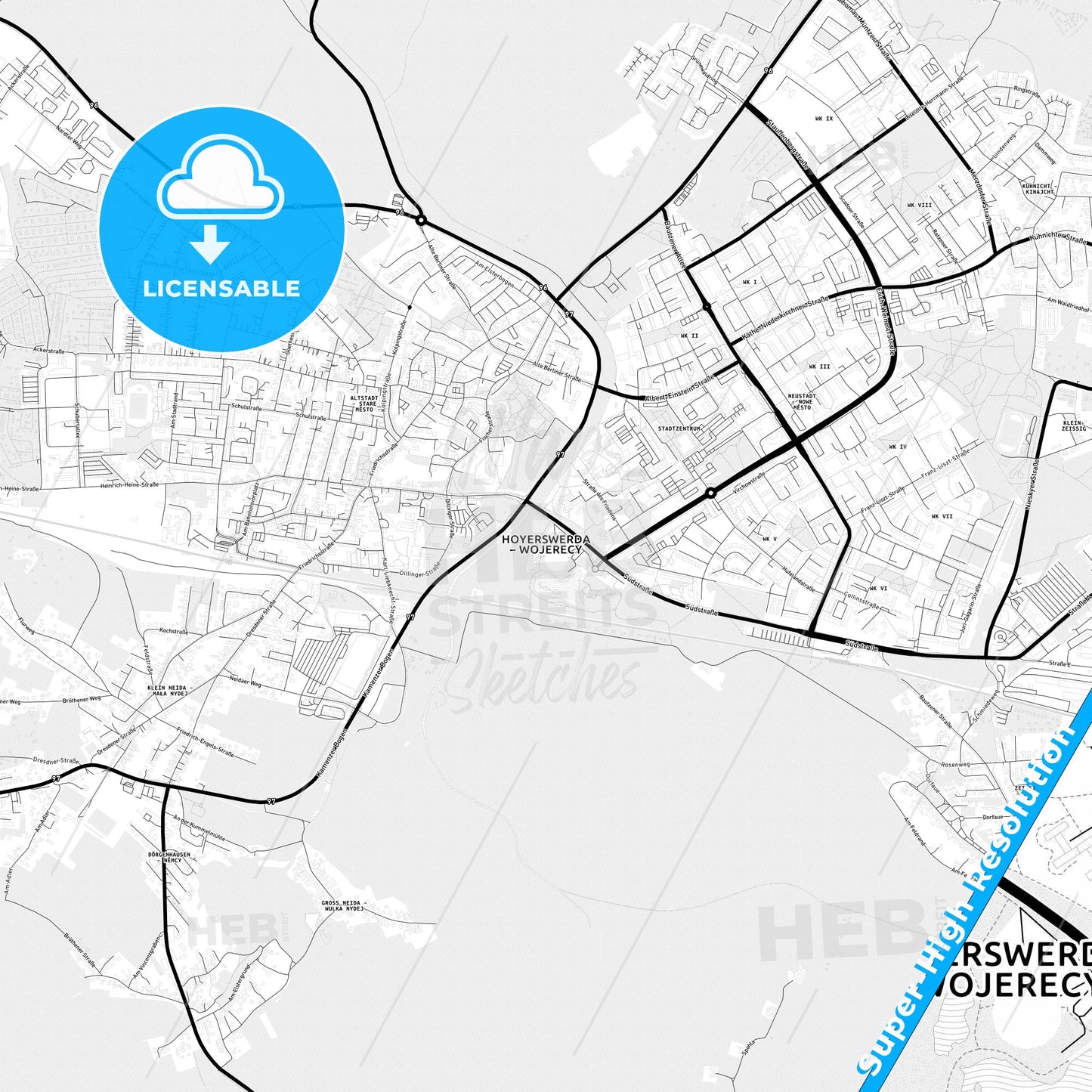 Hoyerswerda, Germany Light Map with Street Names, City Names, and Districts
