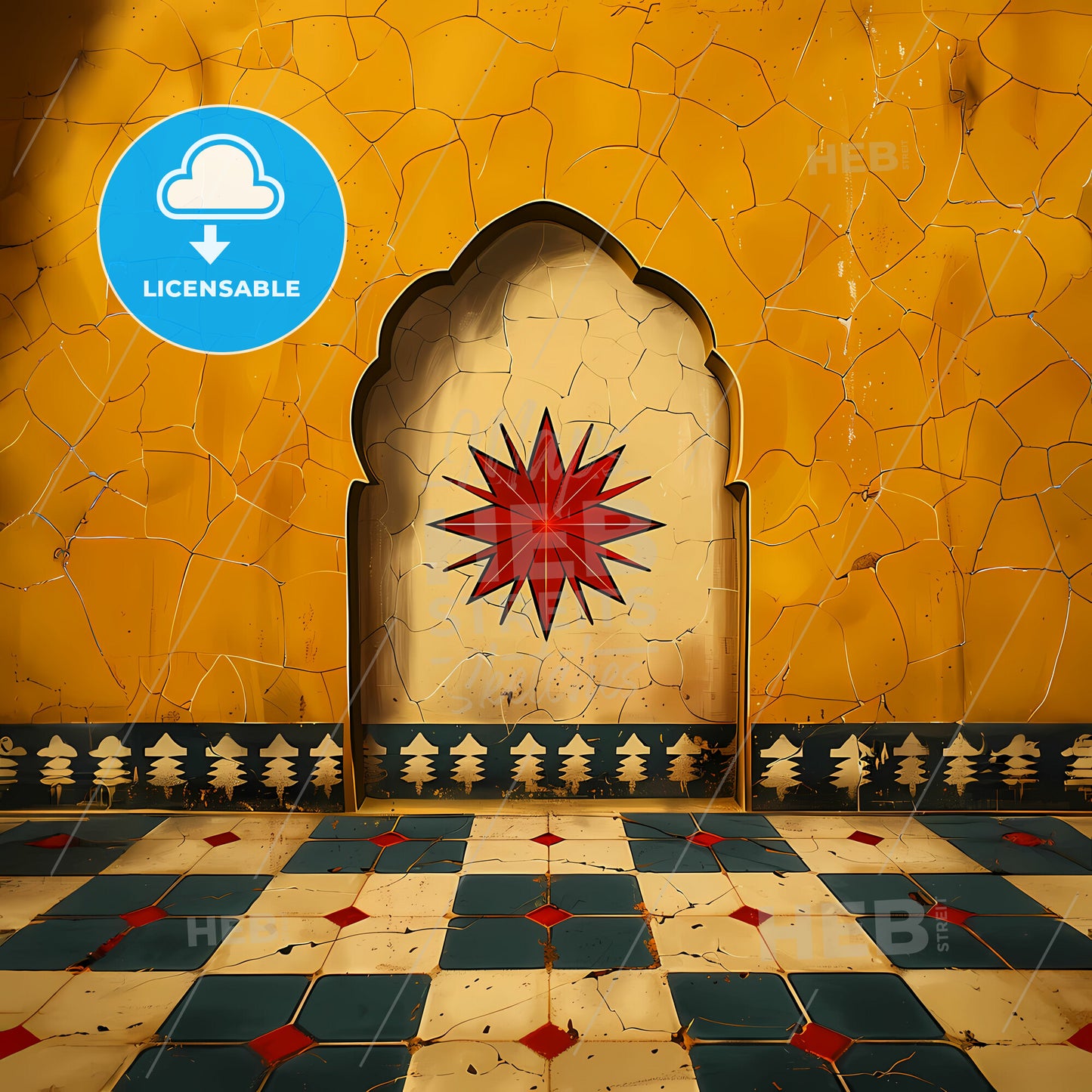 flat illustration of a Moroccan Traditional Moroccan zellige Arrange in authentic shapes like Hasba and Star, with the slight imperfections of handmade tiles - A yellow wall with a red star on the wall