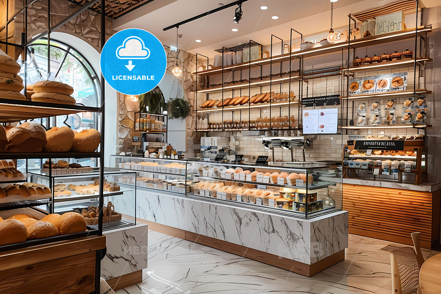 Art Deco bakery painting, modern bakery shelves, bread shelves, industrial design shelves