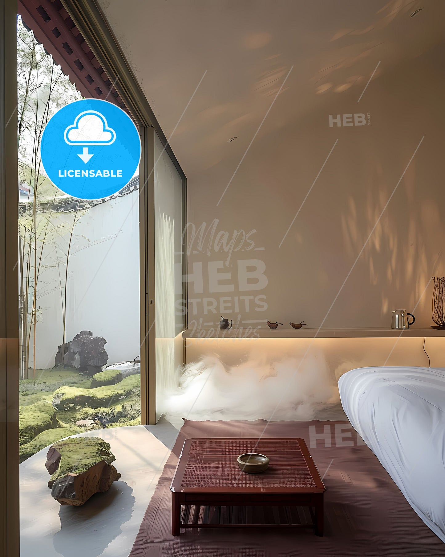 Modern art in a minimalist hotel room, white walls, bed and table, green grass view, tree and stone details, sunlight through bamboo, simple, painting