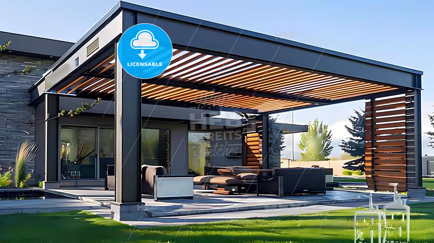 Serene outdoor patio with modern metal and hardwood pergola, featuring vibrant and artistic painting